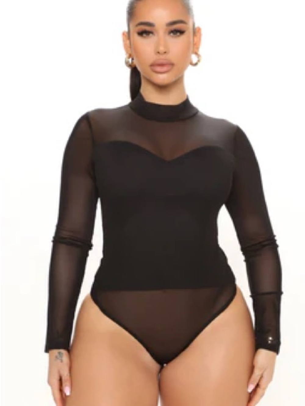 Fashion Nova Black Sheer Long-Sleeve Bodysuit